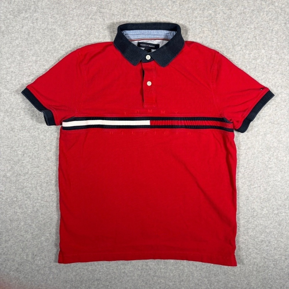 Tommy Hilfiger Polo Shirt Men's Small Custom Fit Red Stripe Embroidered Preppy